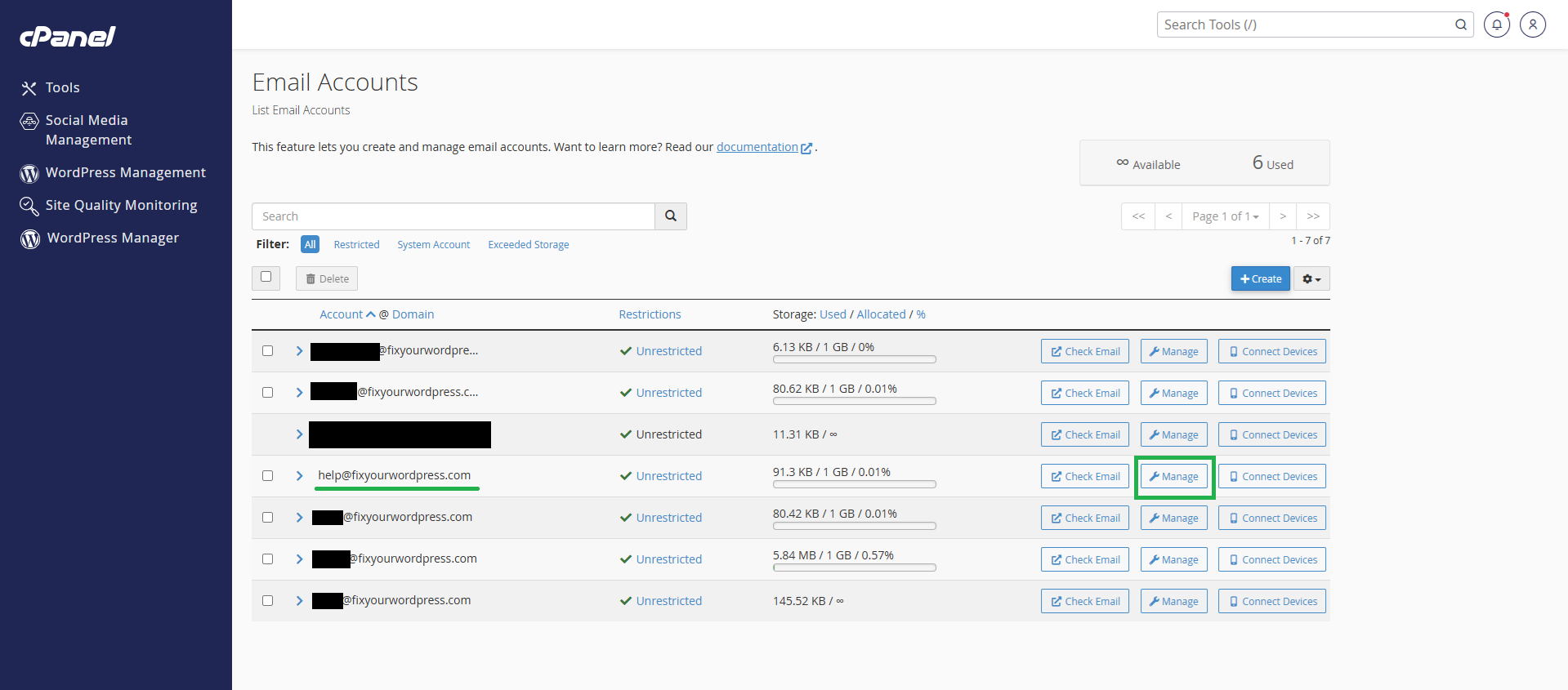 Manage Account Settings for E Mail Account