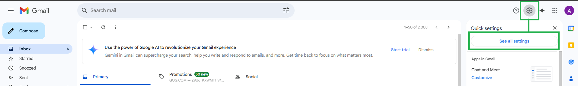 Gmail settings menu screenshot